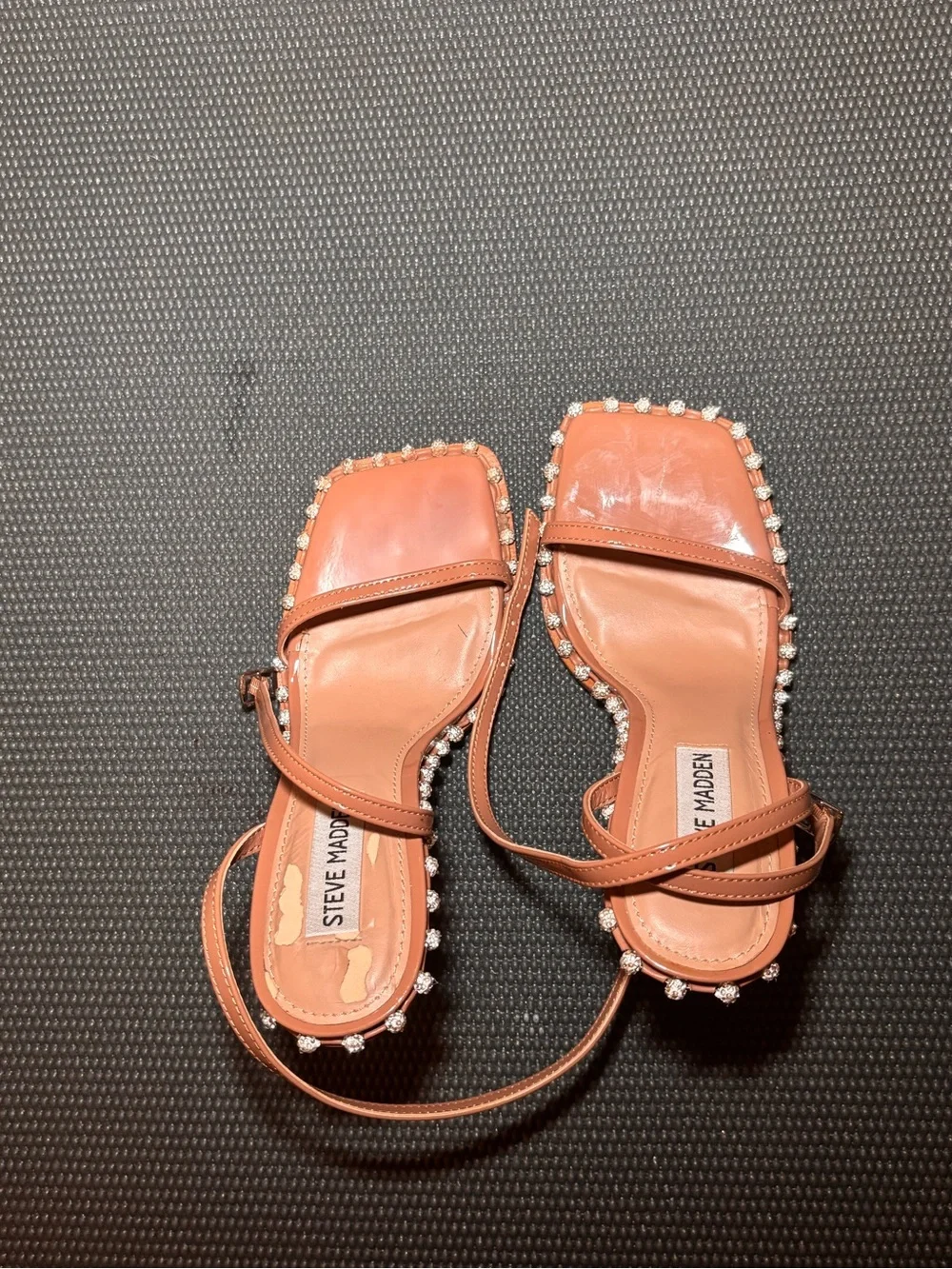 Steve Madden Coral Patent Pearl-Trim Square-Toe Sandals with Ankle Tie